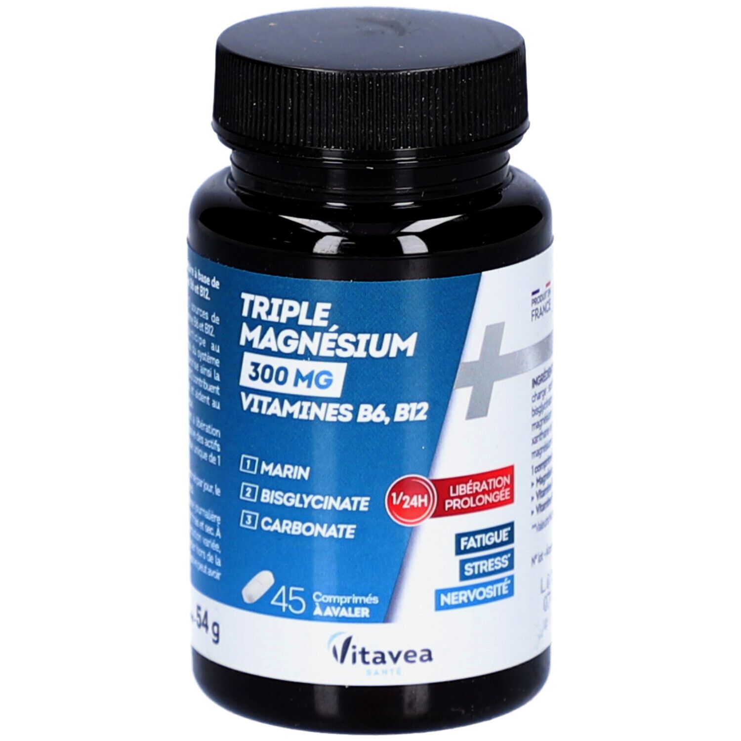 Flacon noir avec étiquette blanche. Contient Triple Magnésium 300mg, Vitamines B6, B12. 45 comprimés à avaler. Marque: VitaVea.