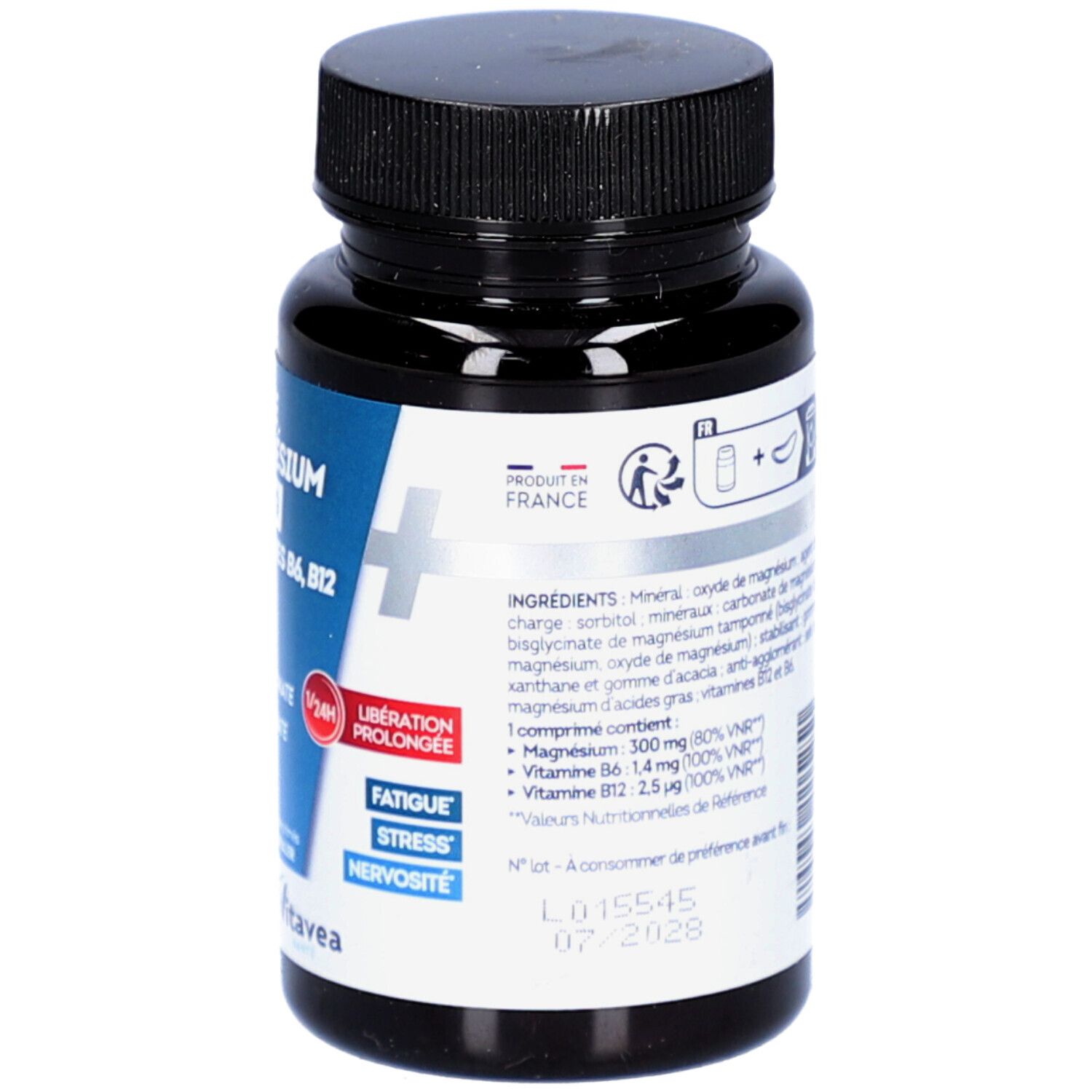 Dos d'un flacon noir. Contient informations produit, ingrédients et QR code. Marque: VitaVea. Fabriqué en France.