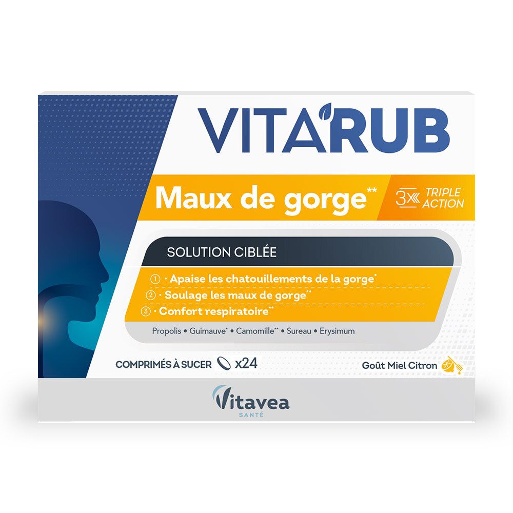 Boîte de VITAVEA Vita'Rub Maux de Gorge. Boîte blanche et bleue avec nom du produit et ingrédients. 24 comprimés à sucer.