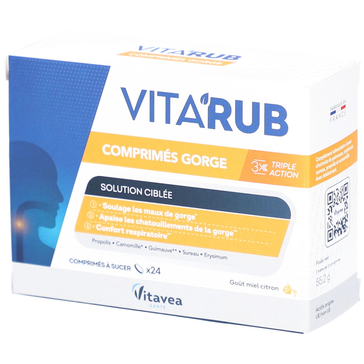 Boîte de VITAVEA Vita'Rub Maux de Gorge. Boîte blanche avec nom du produit, ingrédients et QR code. Fabriqué en France.
