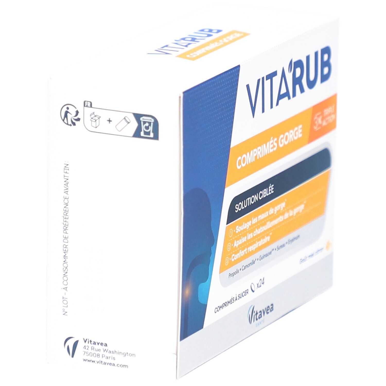 Boîte de VITAVEA Vita'Rub Maux de Gorge. Boîte blanche avec nom du produit et ingrédients. Fabriqué en France.