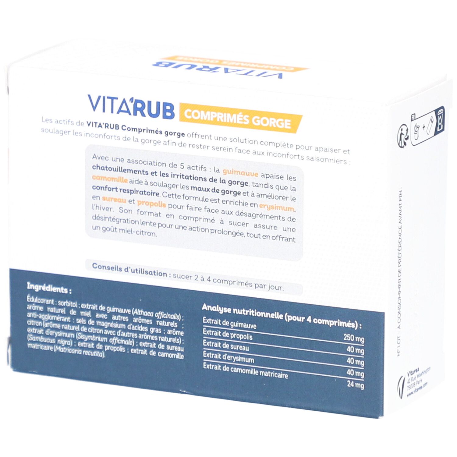 Boîte de VITAVEA Vita'Rub Maux de Gorge. Boîte blanche avec nom du produit et ingrédients. Fabriqué en France.