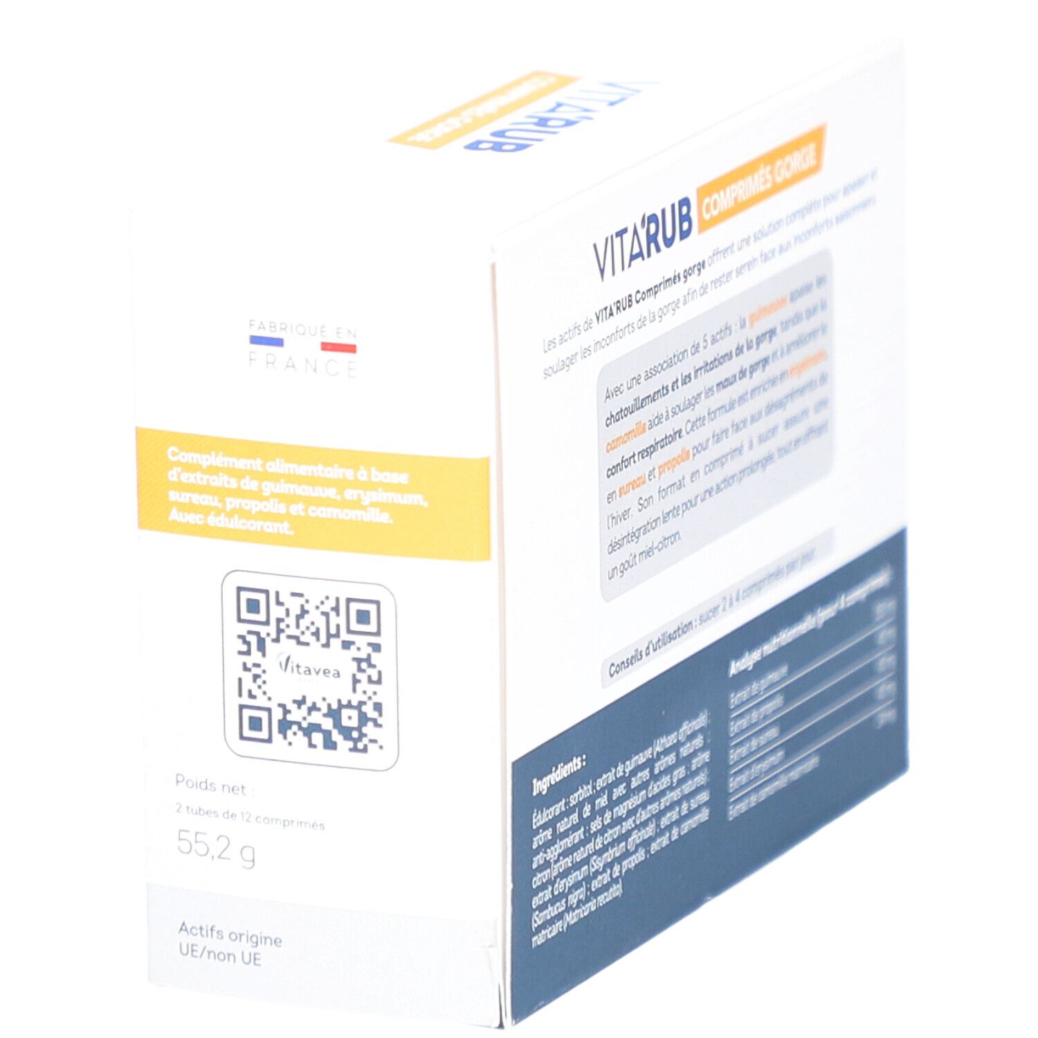 Dos de la boîte de VITAVEA Vita'Rub Maux de Gorge. Ingrédients, conseils d'utilisation et analyse nutritionnelle.