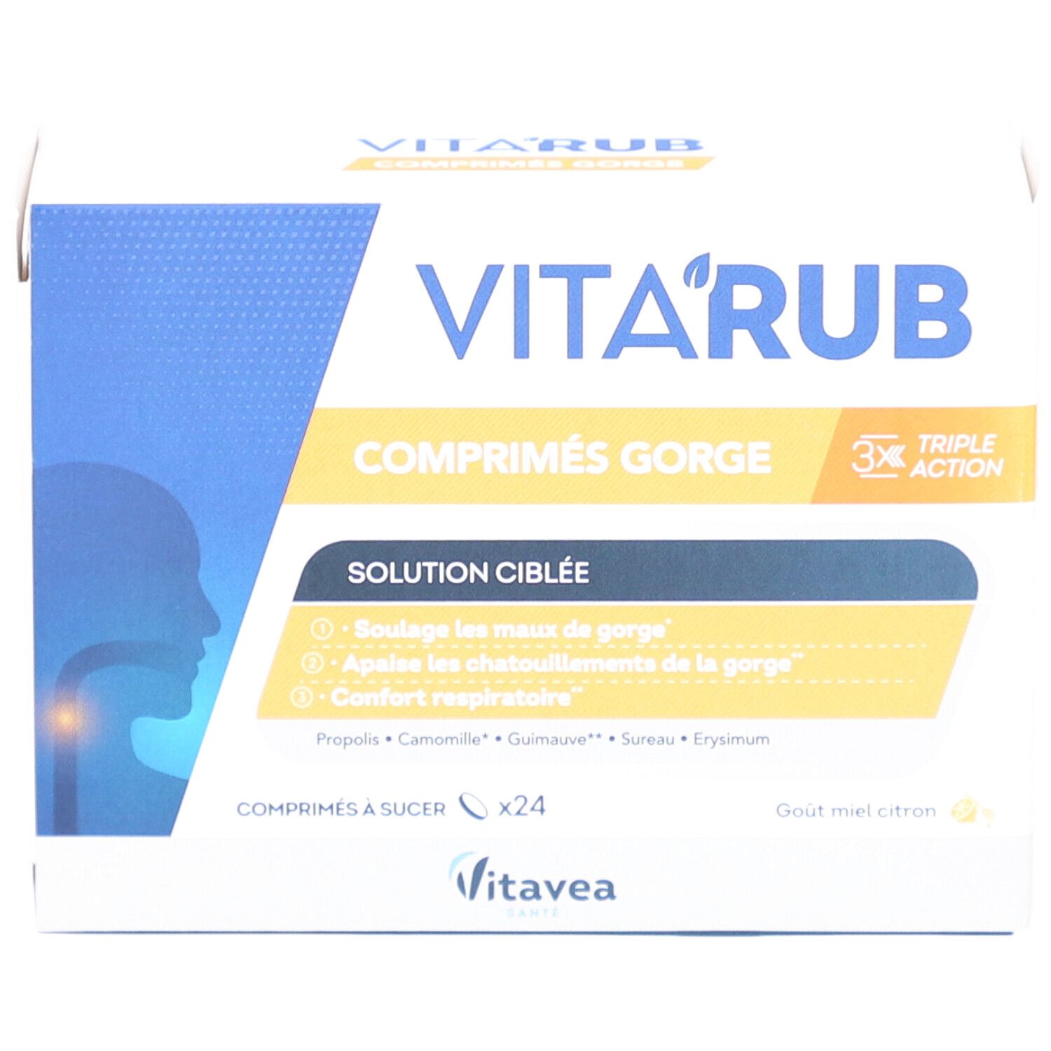 Boîte de VITAVEA Vita'Rub Maux de Gorge. Boîte blanche avec nom du produit et ingrédients. Fabriqué en France.