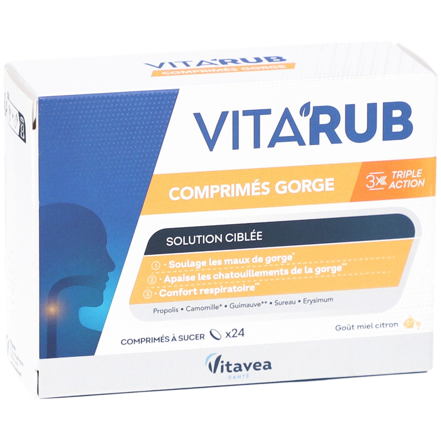 Boîte de VITAVEA Vita'Rub Maux de Gorge. Boîte blanche et bleue avec nom du produit et ingrédients. 24 comprimés à sucer.