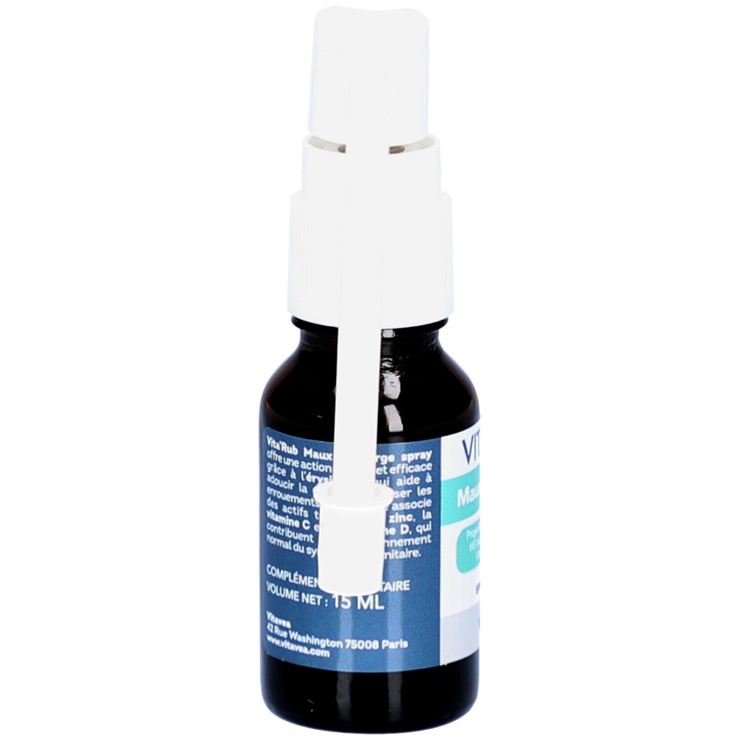 Flacon brun VITA'RUB, spray et applicateur. Inscription 'Maux de gorge'.