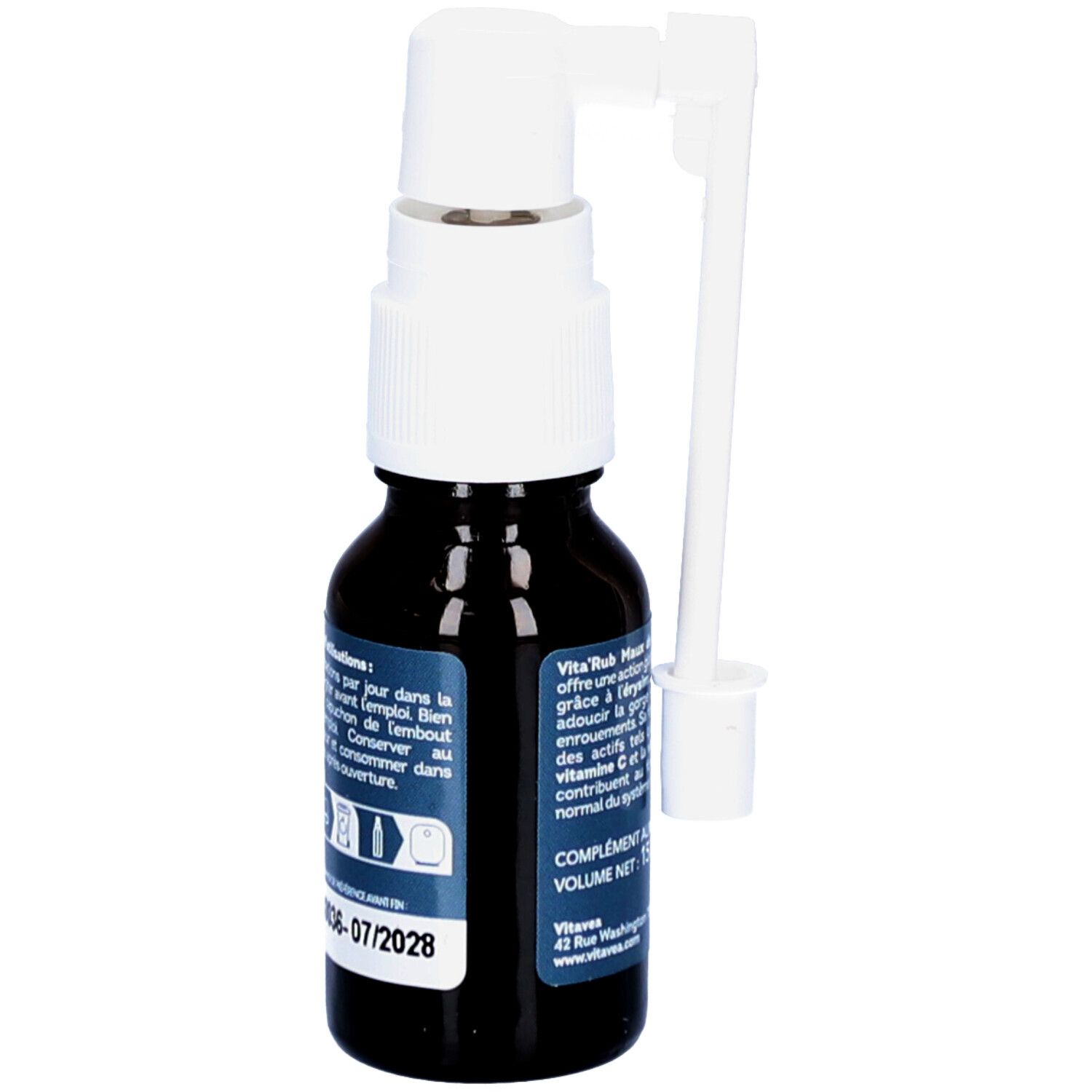 Flacon brun VITA'RUB, spray et applicateur. Inscription 'Maux de gorge'.