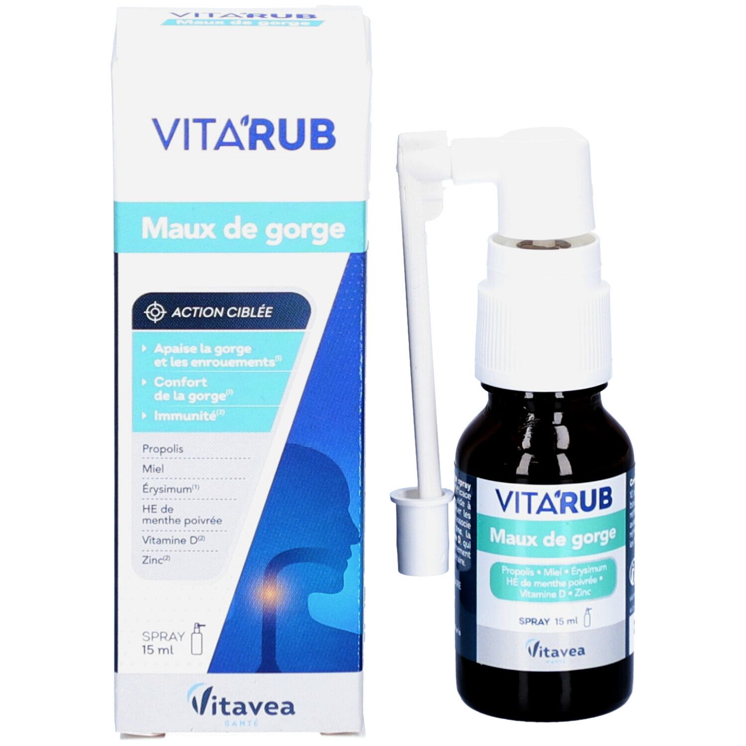 Flacon et boîte VITA'RUB. Inscription 'Maux de gorge'.