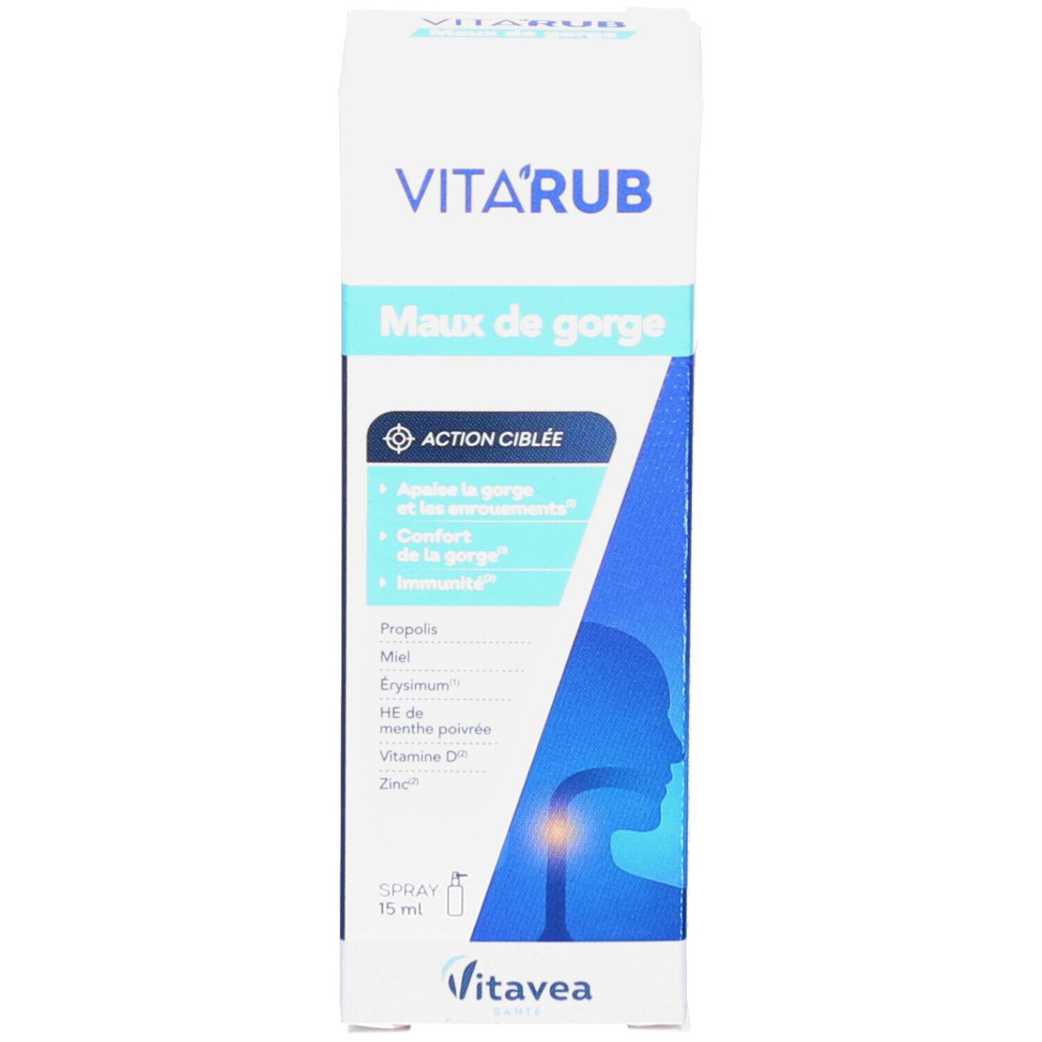 Boîte VITA'RUB, 'Maux de gorge'. Logo Vita'vea.