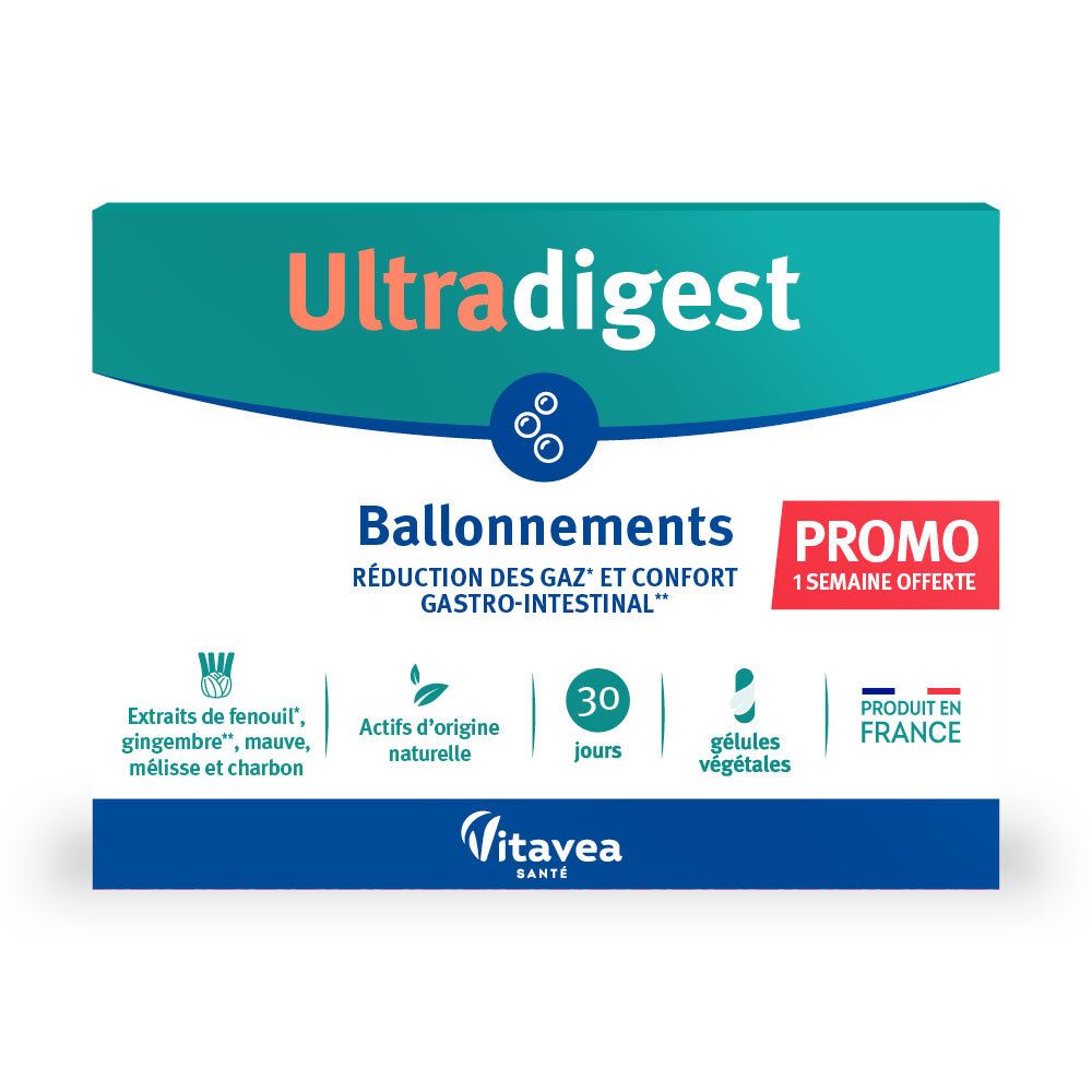 Boîte Ultra digest Ballonnement. Design turquoise et blanc avec nom et logo. Contient 30 gélules.