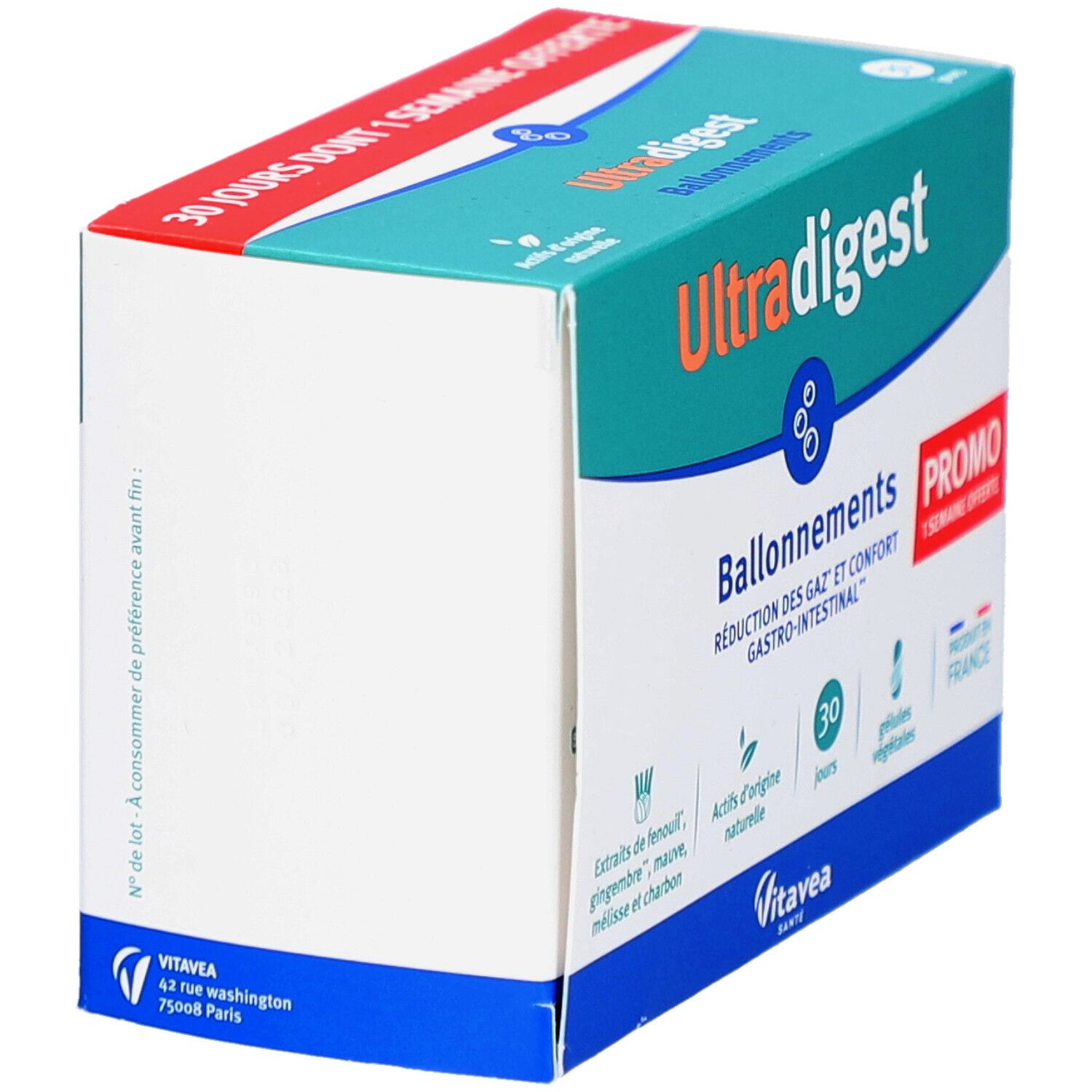 Boîte Ultra digest Ballonnement. Design turquoise et blanc. Contient 30 gélules. Offre promo. Marque Vitae.