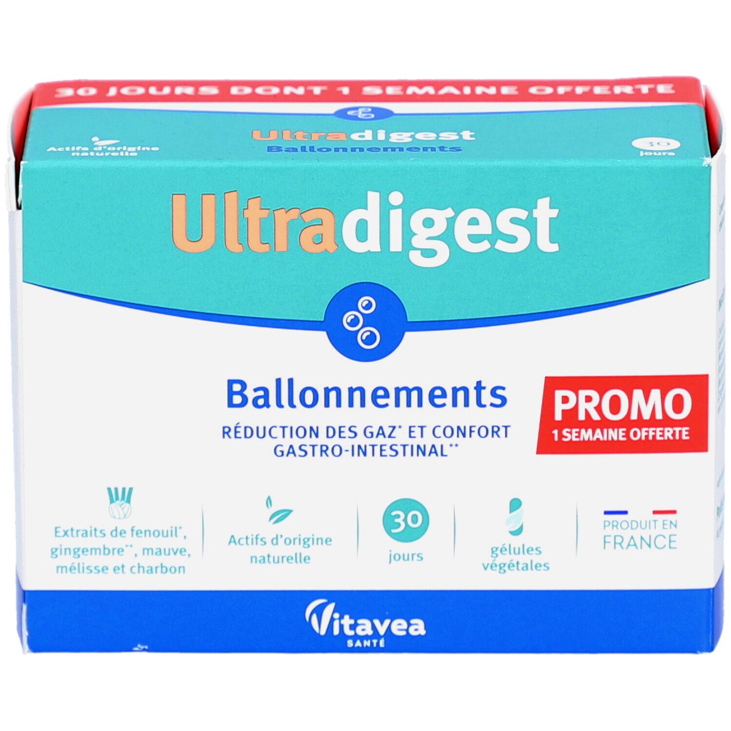 Boîte Ultra digest Ballonnement. Design turquoise et blanc. Contient 30 gélules. Offre promo. Marque Vitae.