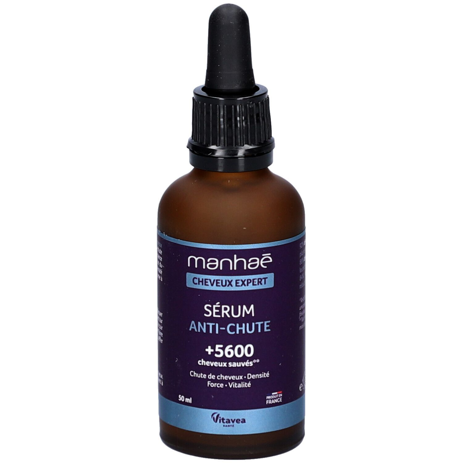 Flacon Manhaé Sérum Anti-Chute avec pipette. Texte: Sérum Anti-Chute, +5600 cheveux sauvés. 50 ml.