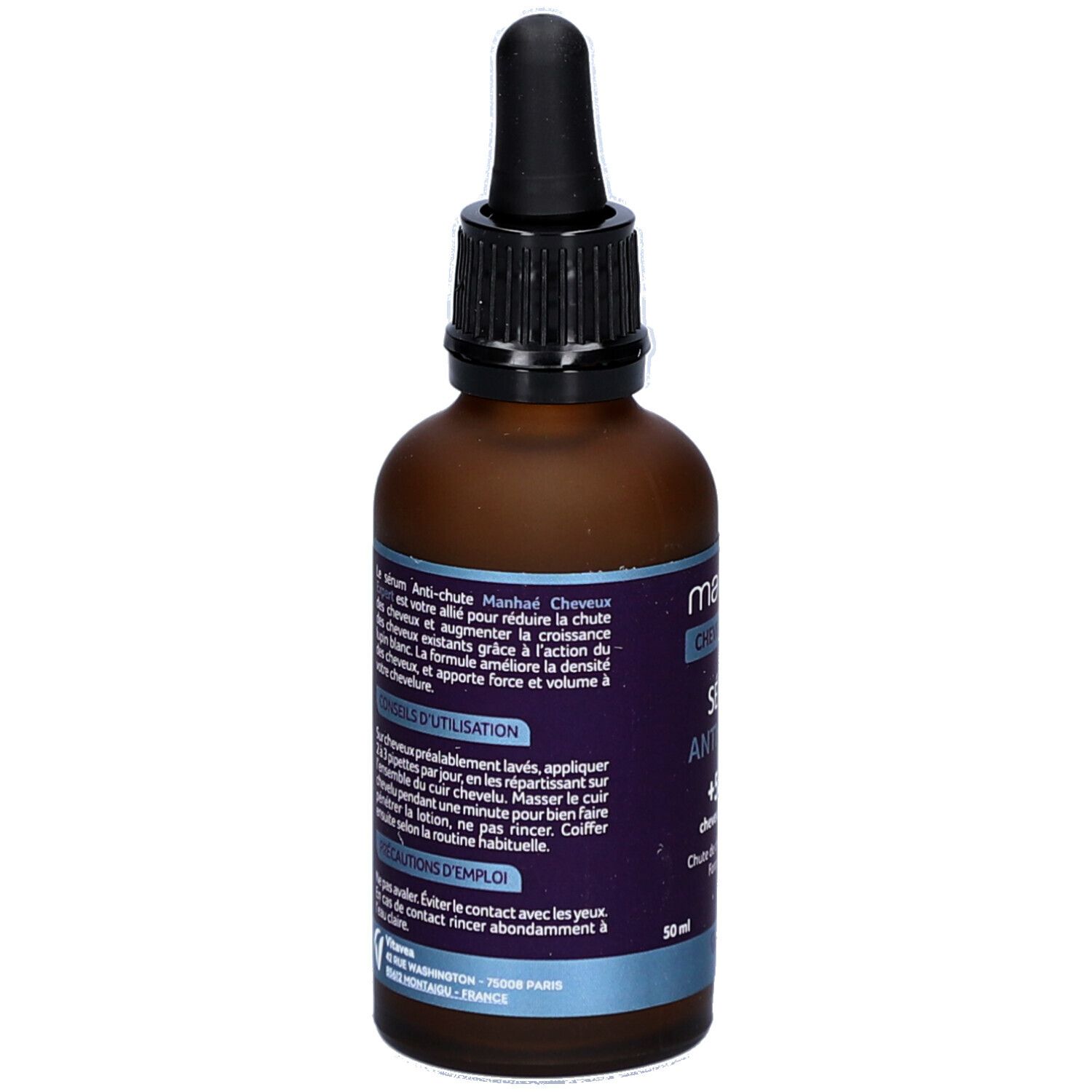 Flacon Manhaé Sérum Anti-Chute avec pipette. Dos avec texte. 50 ml.