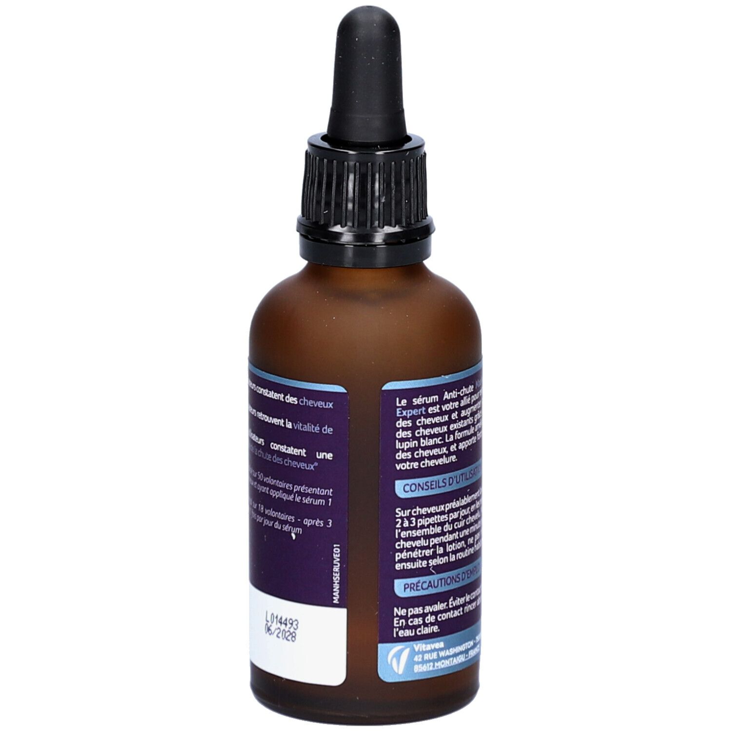 Flacon Manhaé Sérum Anti-Chute avec pipette. Dos avec texte. 50 ml.