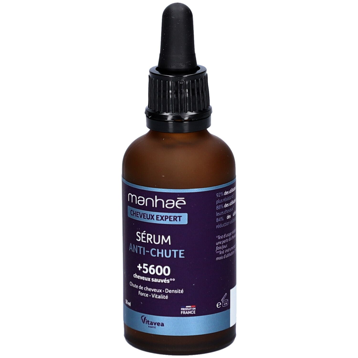 Flacon Manhaé Sérum Anti-Chute avec pipette. Texte: Sérum Anti-Chute, +5600 cheveux sauvés. 50 ml.
