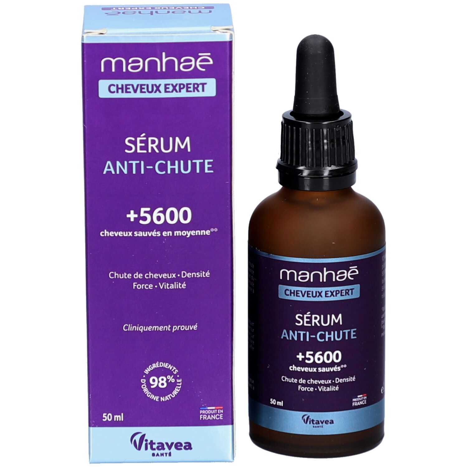 Flacon et boîte Manhaé Sérum Anti-Chute. Texte: Sérum Anti-Chute, +5600 cheveux sauvés. 50 ml.