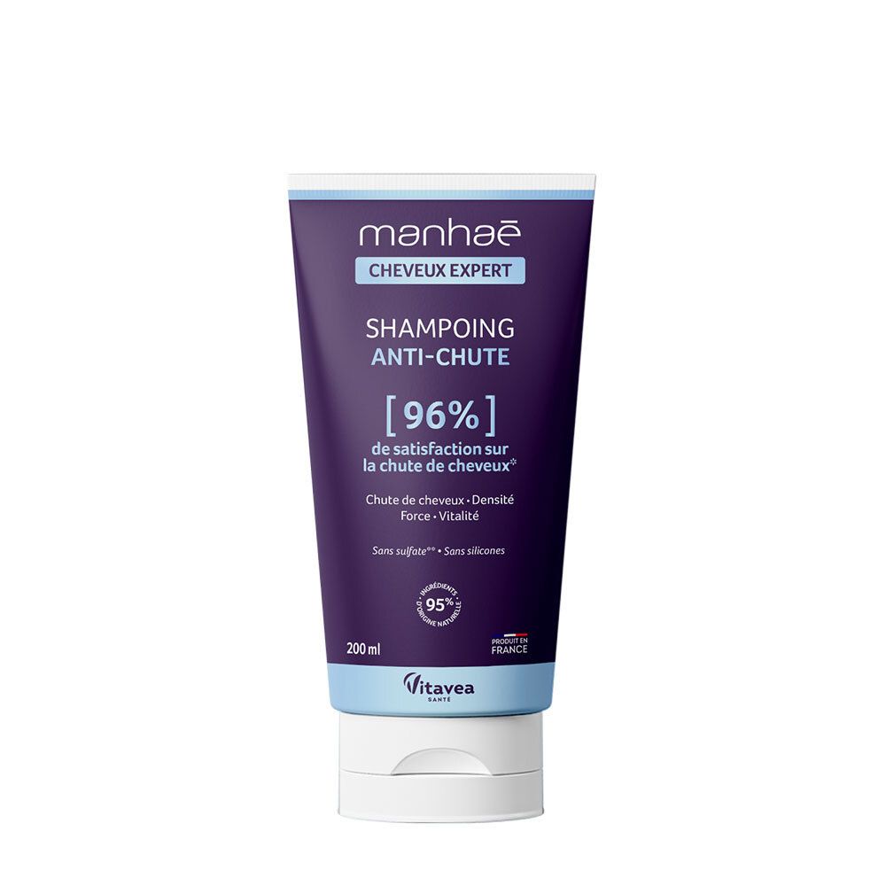 Tube violet avec bouchon blanc. Texte: Manhaé Cheveux Expert, Shampoing Anti-Chute. 96% de satisfaction. 200ml. Logo Vitavea.