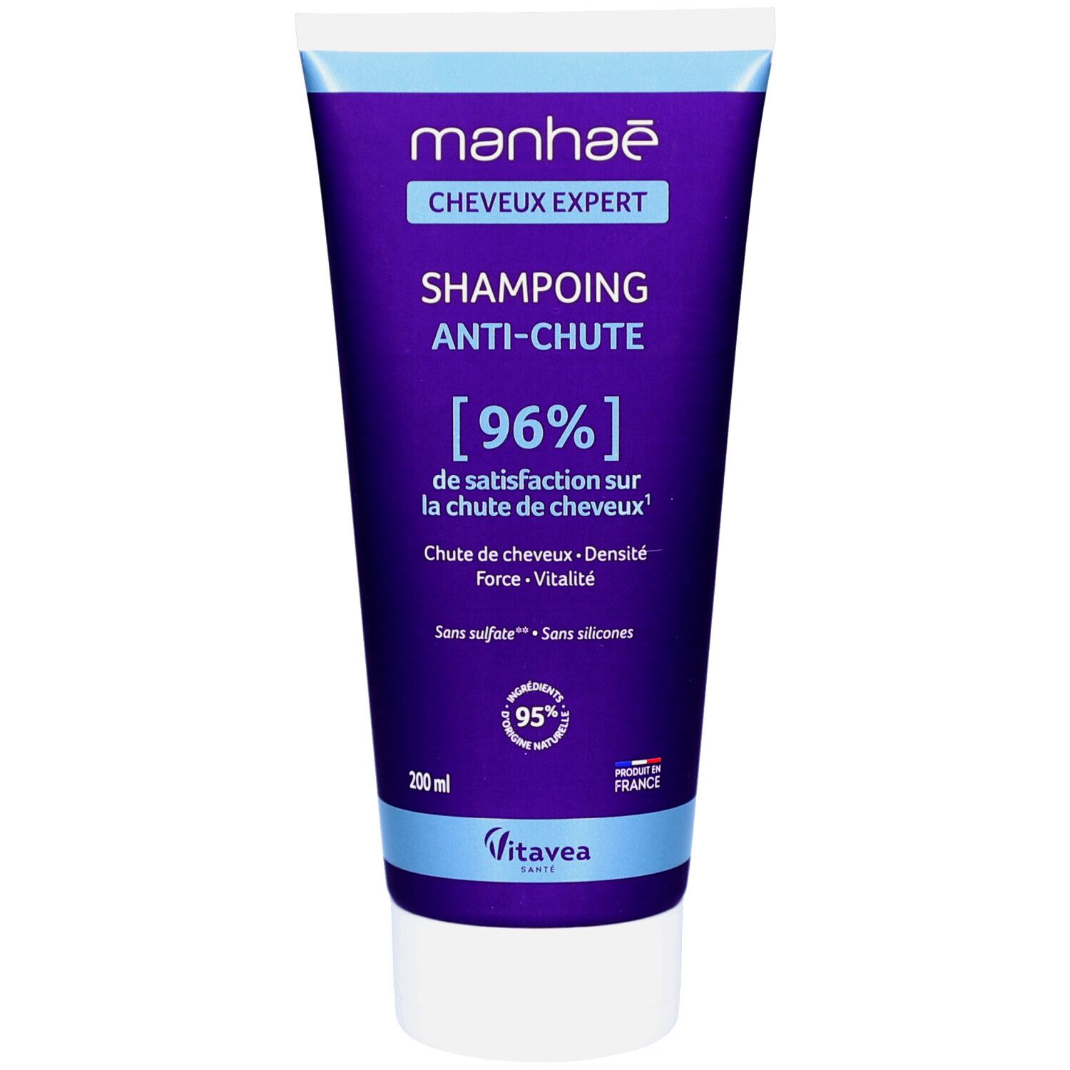 Tube violet avec bouchon blanc. Texte: Manhaé Cheveux Expert, Shampoing Anti-Chute. 96% de satisfaction. 200ml. Logo Vitavea.