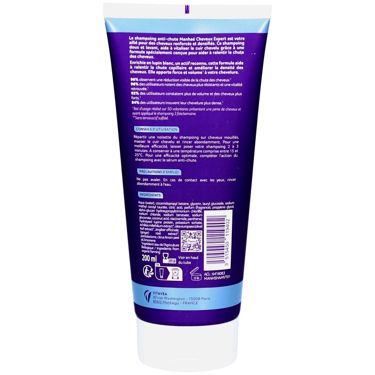 Dos d'un tube violet. Texte: Manhaé Cheveux Expert, Shampoing Anti-Chute. Ingrédients, instructions d'utilisation. 200ml. Logo Vitavea.