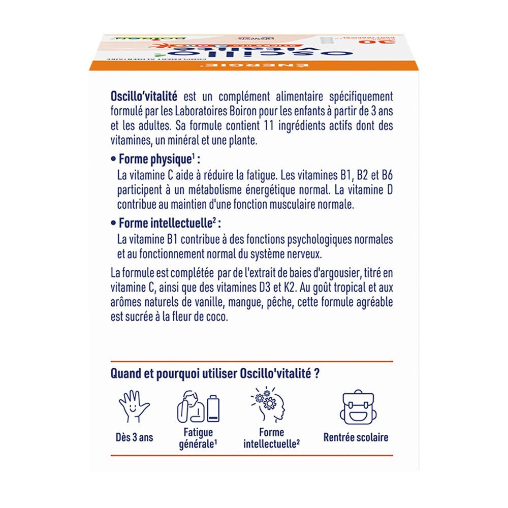 Dos de la boîte Oscillo Vitalité Enfant avec informations détaillées sur la composition et l'utilisation.