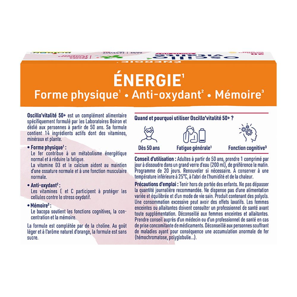 Arrière de la boîte Oscillo Vitalité Adultes 50+ avec informations sur l'énergie, la forme, l'antioxydant et la mémoire.