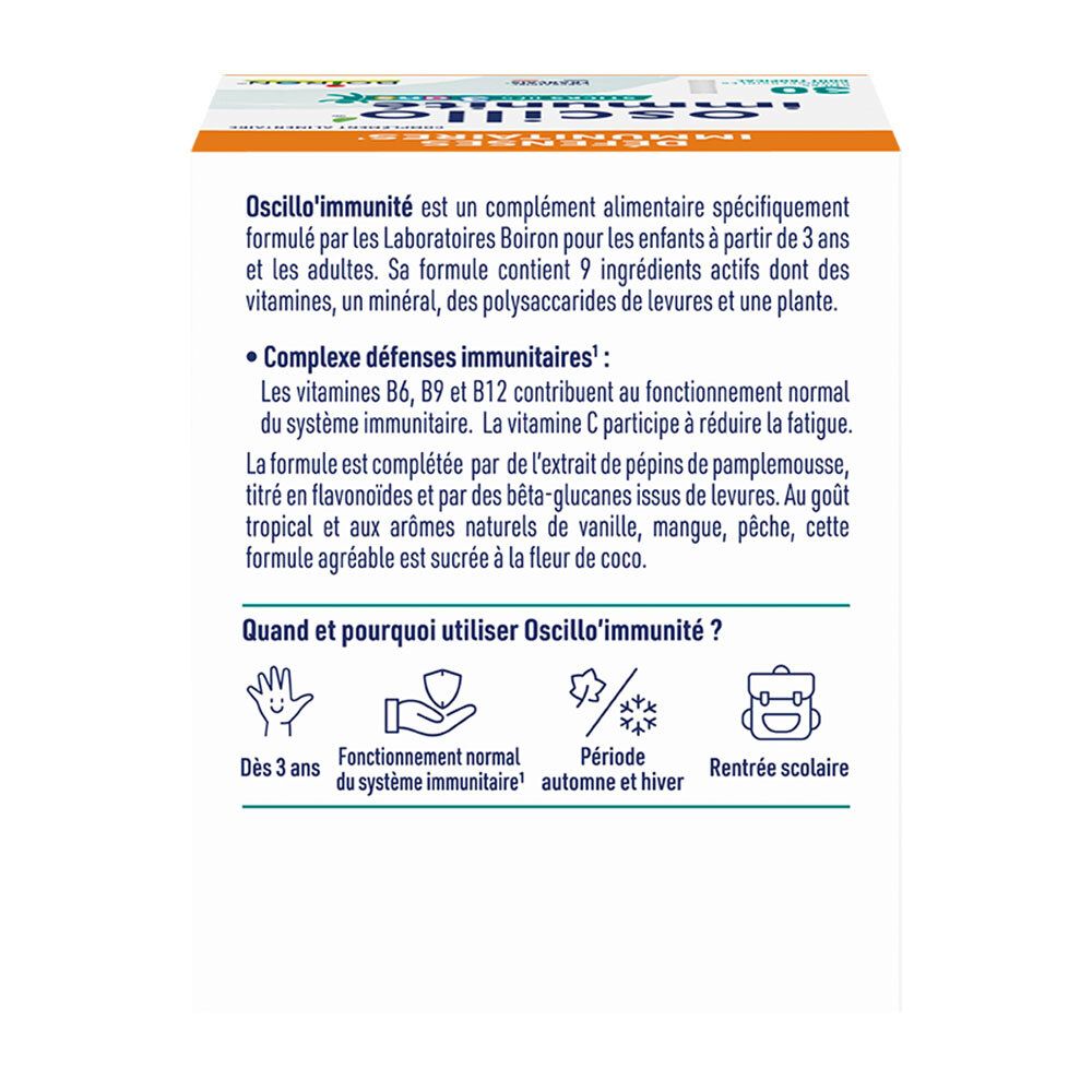 Dos de la boîte Oscillo Immunité Kind avec informations sur les ingrédients et l'utilisation.