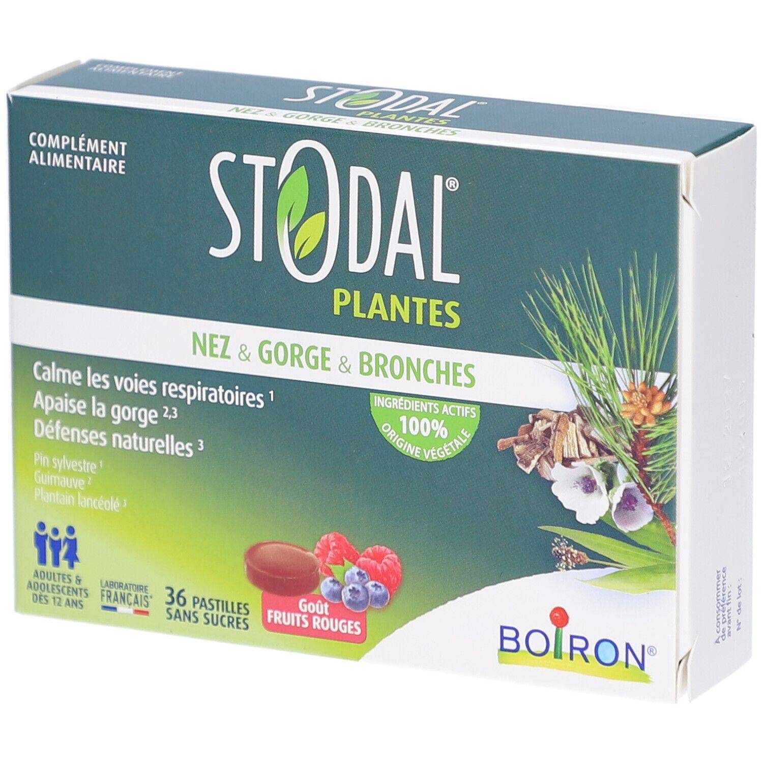 Boîte de STODAL PLANTES. Inscription: Nez & Gorge & Bronches. 36 pastilles, fruits rouges. Logo Boiron.