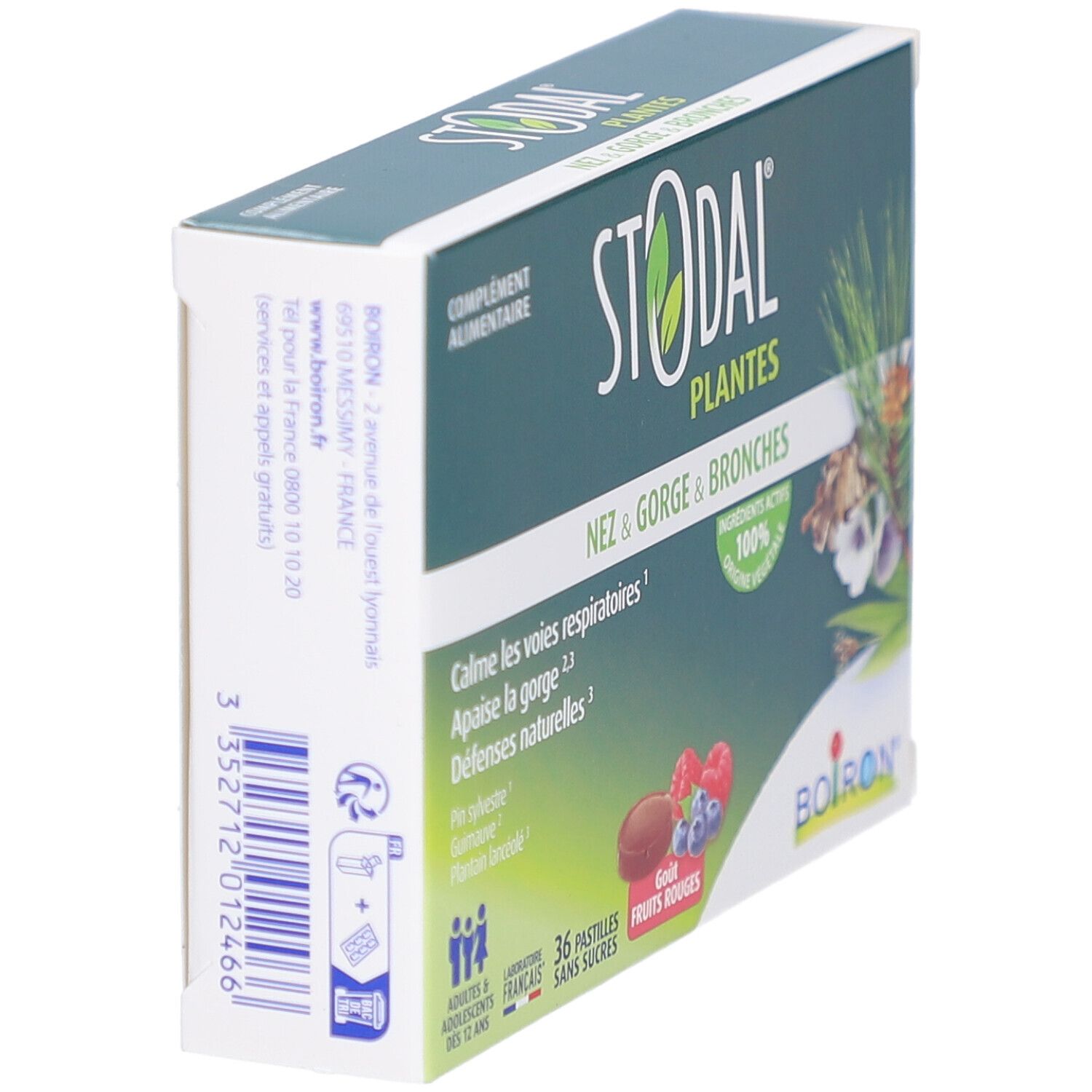 Boîte STODAL PLANTES en biais. Inscription: Nez & Gorge & Bronches. Logo Boiron. Code-barres et coordonnées.