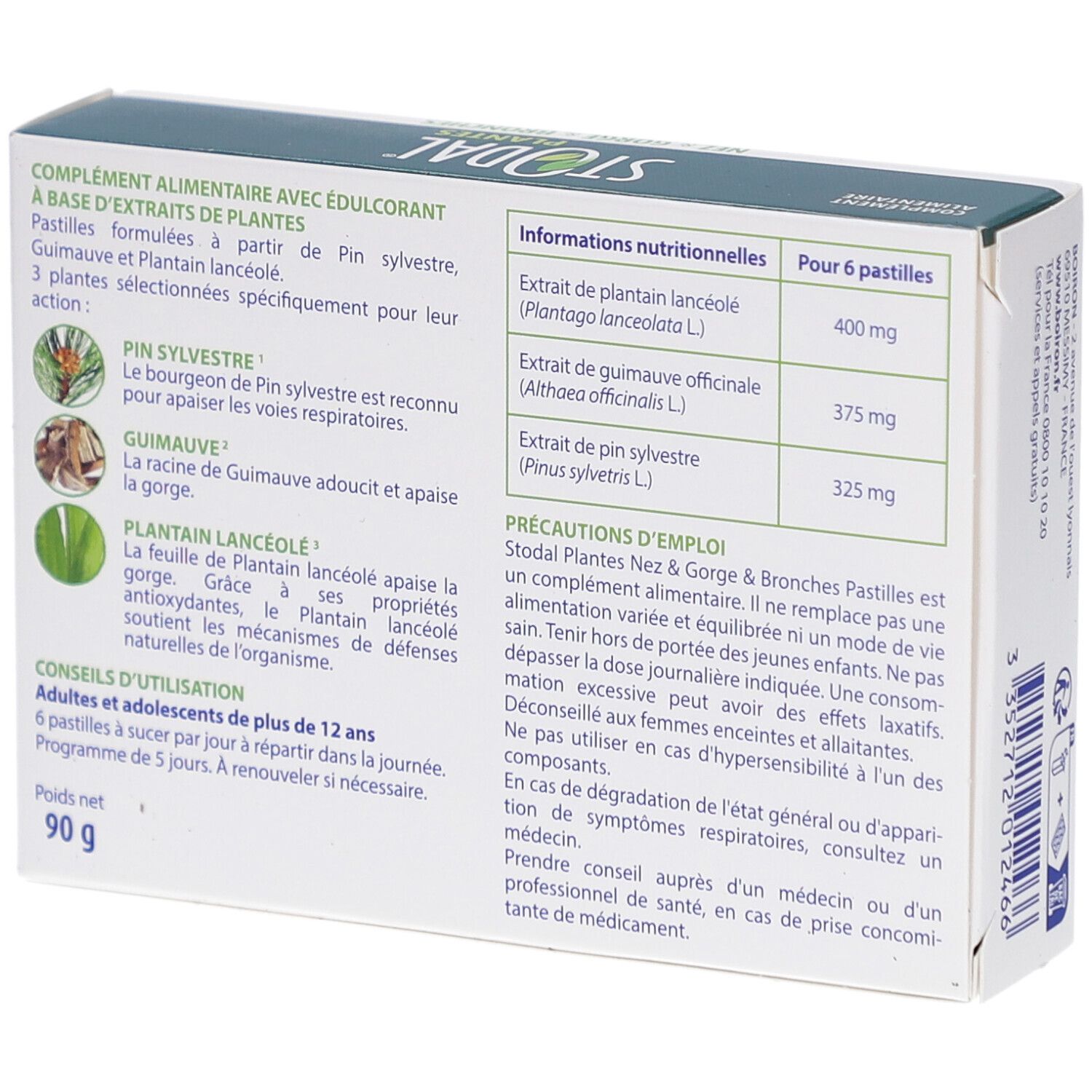 Dos de la boîte STODAL PLANTES. Informations sur les ingrédients et l'utilisation. Poids net : 90 g.