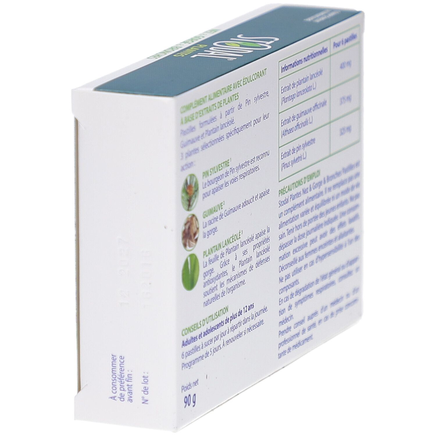 Vue oblique du dos de la boîte STODAL PLANTES. Ingrédients et informations d'utilisation. Poids net : 90 g.