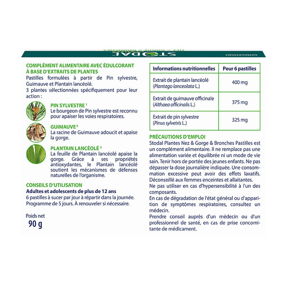 Dos de la boîte avec informations nutritionnelles et conseils d'utilisation pour Stodal Plantes pastilles.