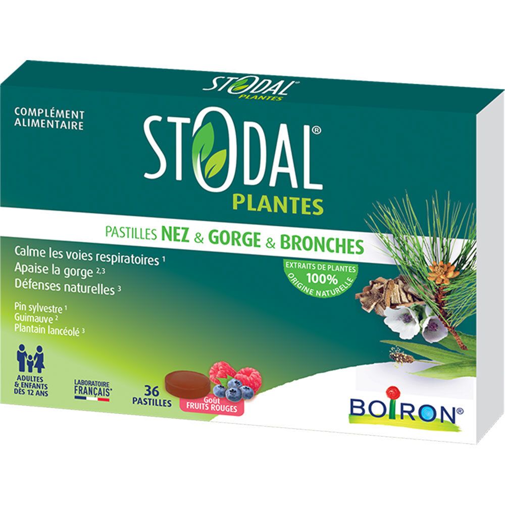 Boiron Stodal Plantes pastilles: boîte avec illustrations de pin et de baies.
