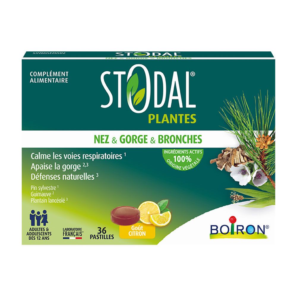 Boîte de 36 pastilles Stodal Plantes Citron pour nez, gorge et bronches.