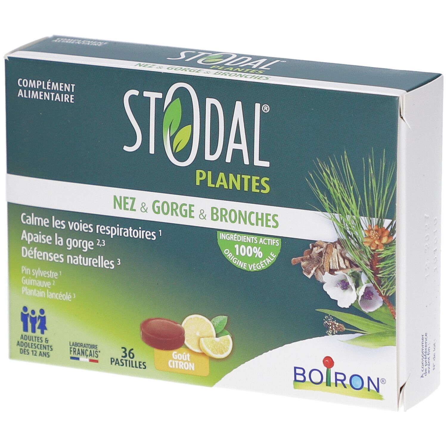 Boîte STODAL PLANTES PAST CITRON. Emballage vert et blanc avec nom et illustrations. 36 pastilles, goût citron.