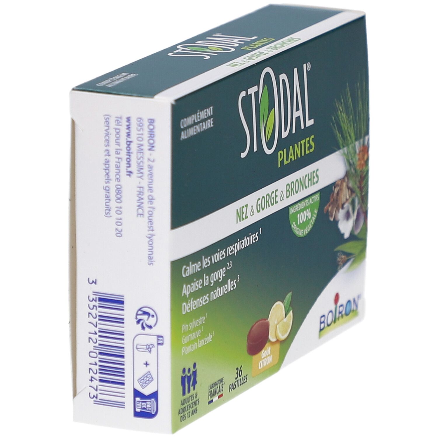 Boîte STODAL PLANTES PAST CITRON en biais. Boîte verte et blanche avec nom et texte. Logo Boiron.