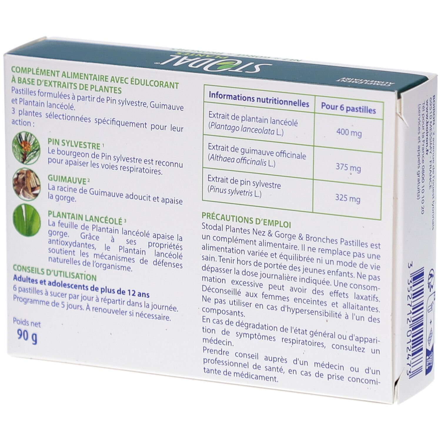 Dos de l'emballage STODAL PLANTES PAST CITRON. Texte sur les ingrédients et l'utilisation. Informations nutritionnelles.