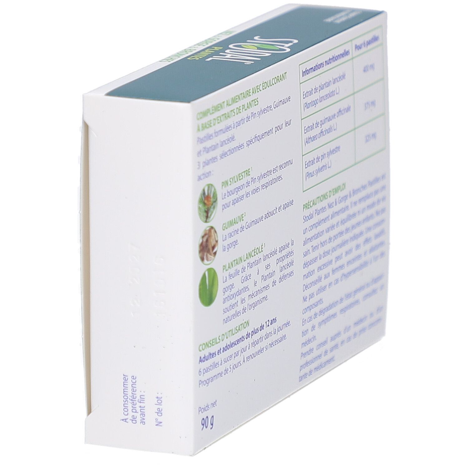 Dos incliné de l'emballage STODAL PLANTES PAST CITRON. Texte et informations nutritionnelles. Poids 90g.