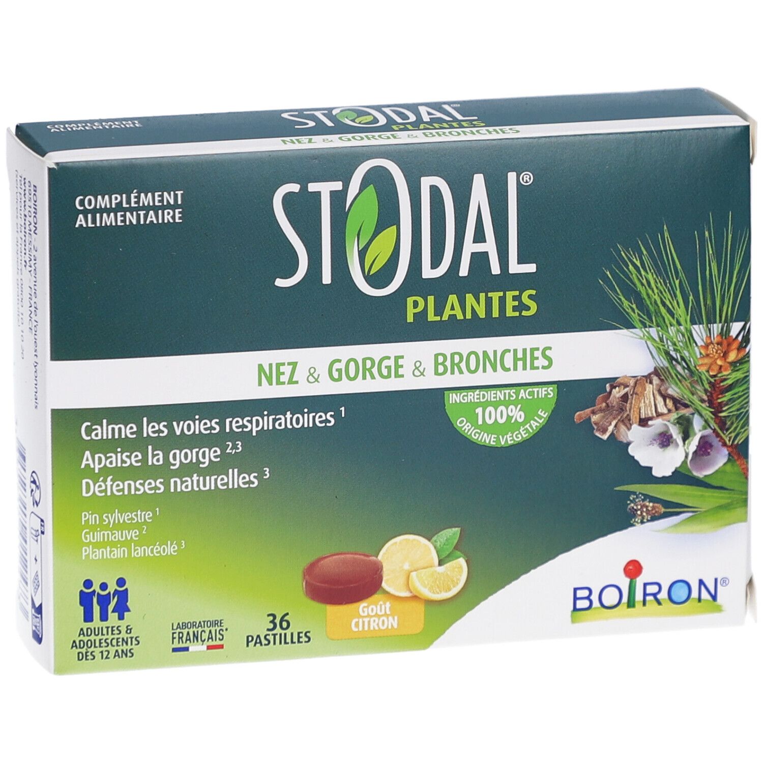 Emballage STODAL PLANTES PAST CITRON. Boîte verte et blanche avec nom et illustrations. 36 pastilles, goût citron.