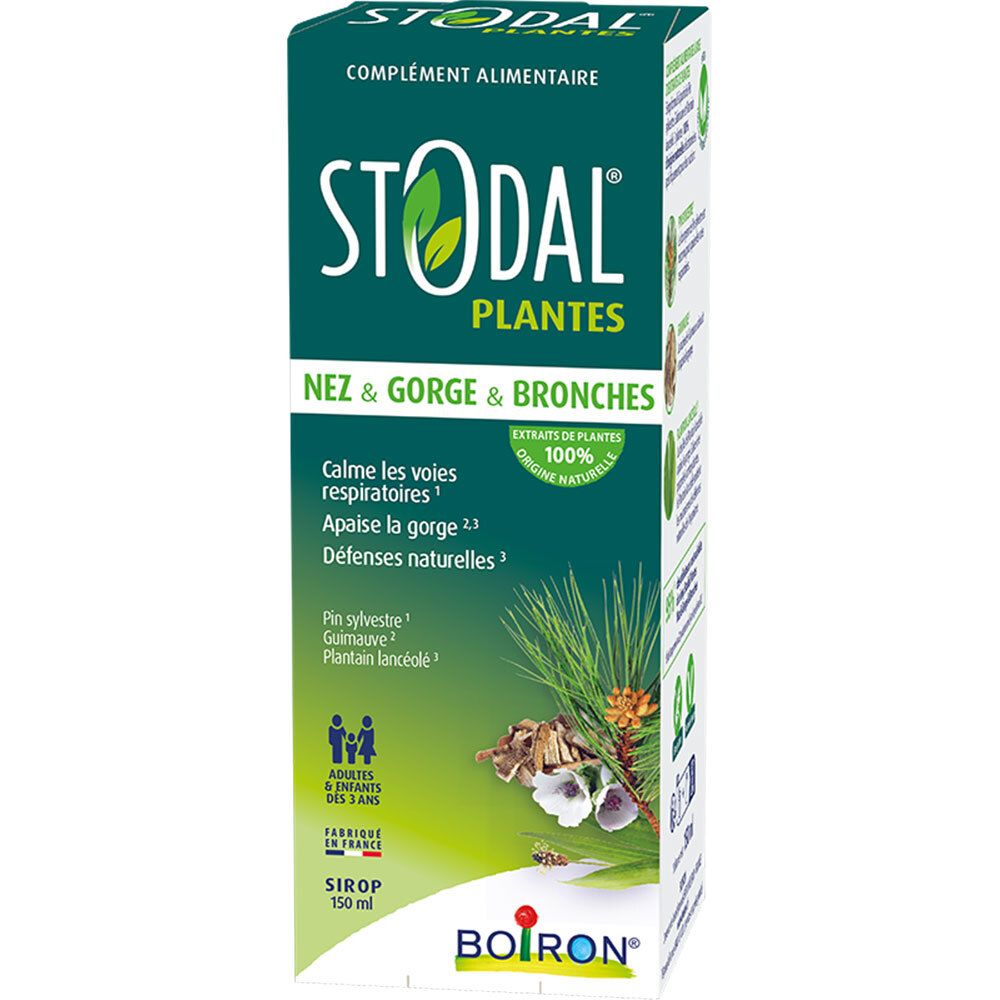 Boîte de Stodal Plantes Sirop. Emballage vert et blanc avec nom du produit et illustrations de plantes. 150 ml.