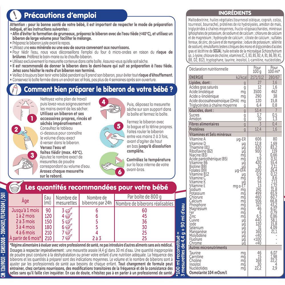 Dos de la boîte avec informations. Instructions de préparation, informations nutritionnelles et liste des ingrédients. Texte en français.