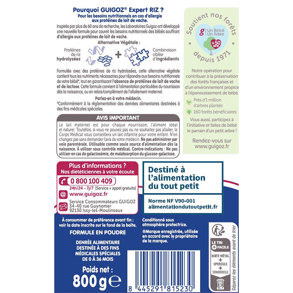 Dos de la boîte. Informations sur Guigoz Expert Riz. Texte en français. Informations sur la composition et les recommandations.