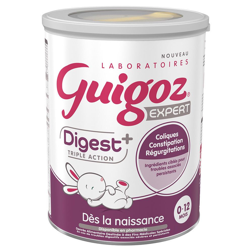Boîte Guigoz Expert Digest+. Couvercle blanc, boîte rose et blanche. Texte: Digest+, Triple Action, Dès la naissance, 0-12 mois. Illustration: bébé.
