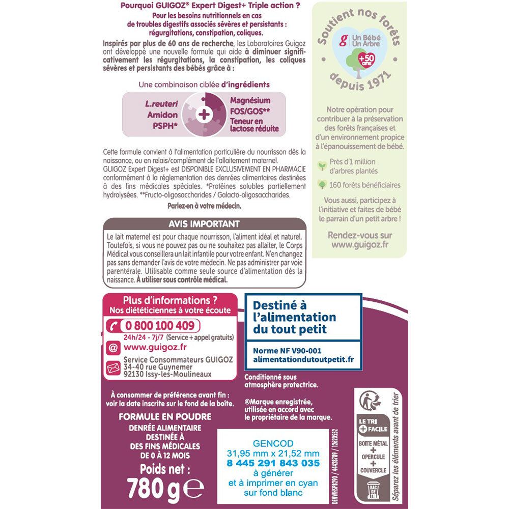 Dos de la boîte Guigoz Expert Digest+. Texte: Pourquoi Guigoz Expert Digest+ Triple Action?, ingrédients, Destiné à l'alimentation du tout petit.