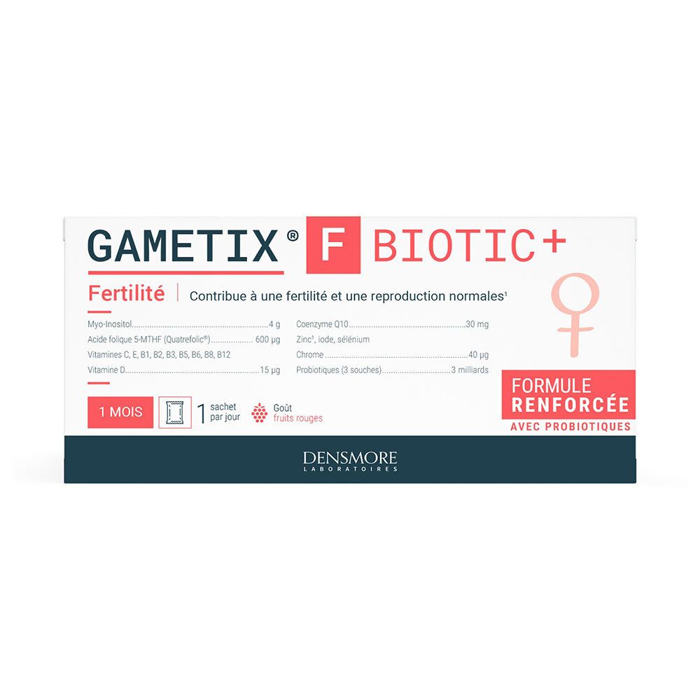 Boîte de Gametix F Biotic+ avec informations produit et logo.