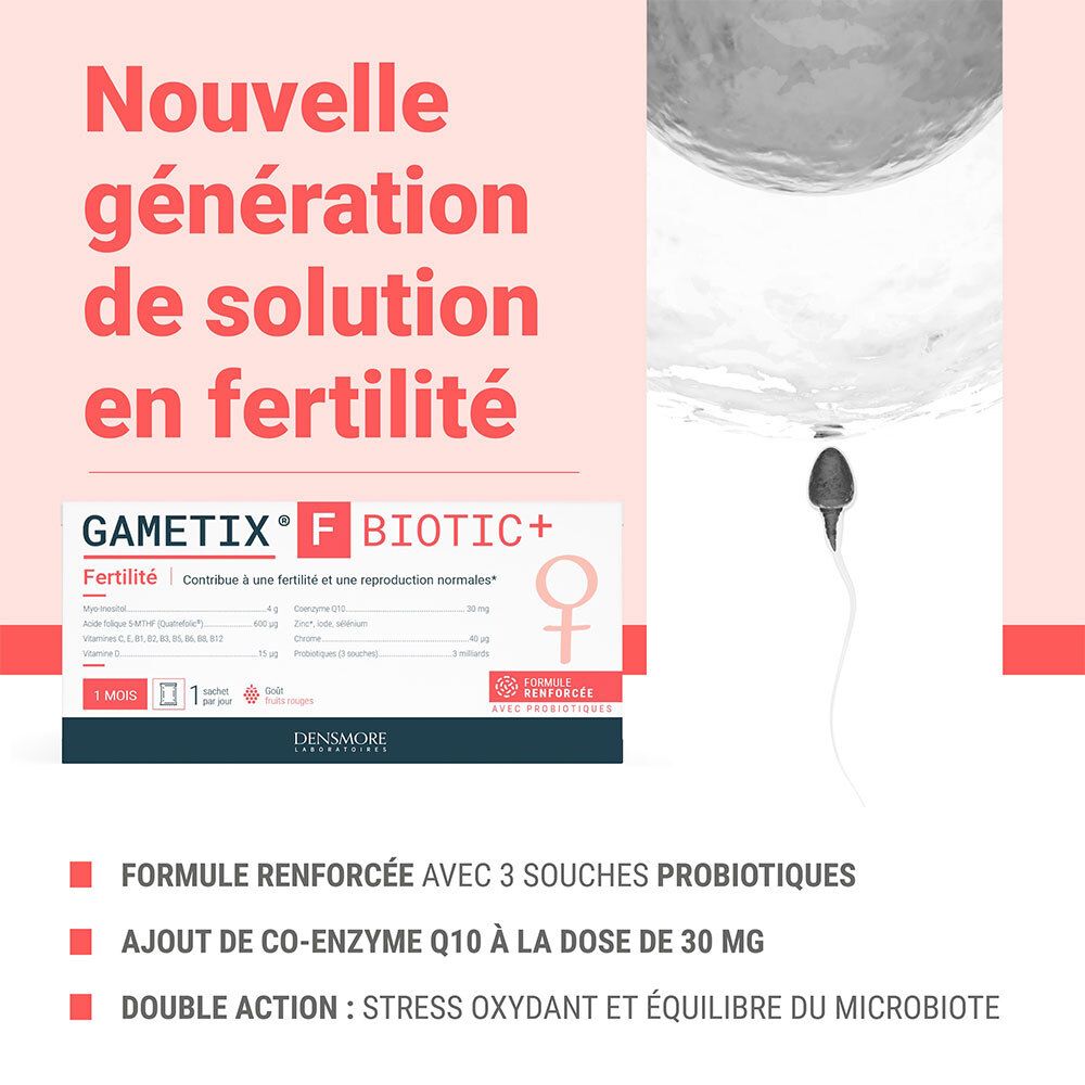 Visuel publicitaire avec Gametix F Biotic+ et illustration d'ovule.
