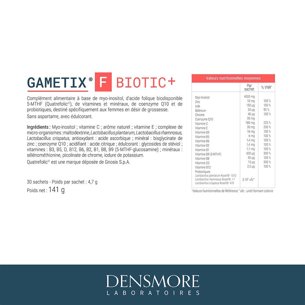 Informations produit et tableau nutritionnel de Gametix F Biotic+.