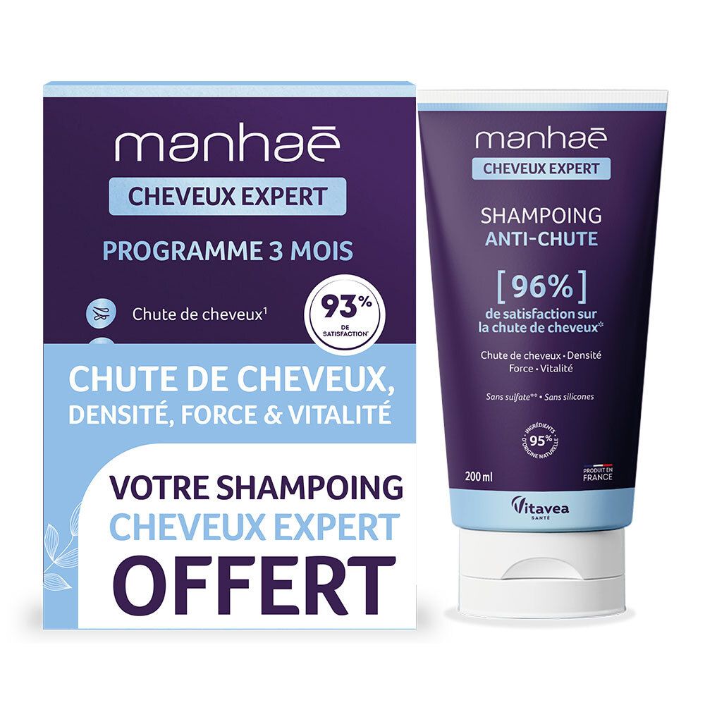 Boîte et tube. Sur la boîte, "manhae CHEVEUX EXPERT". Sur le tube, "SHAMPOING ANTI-CHUTE".