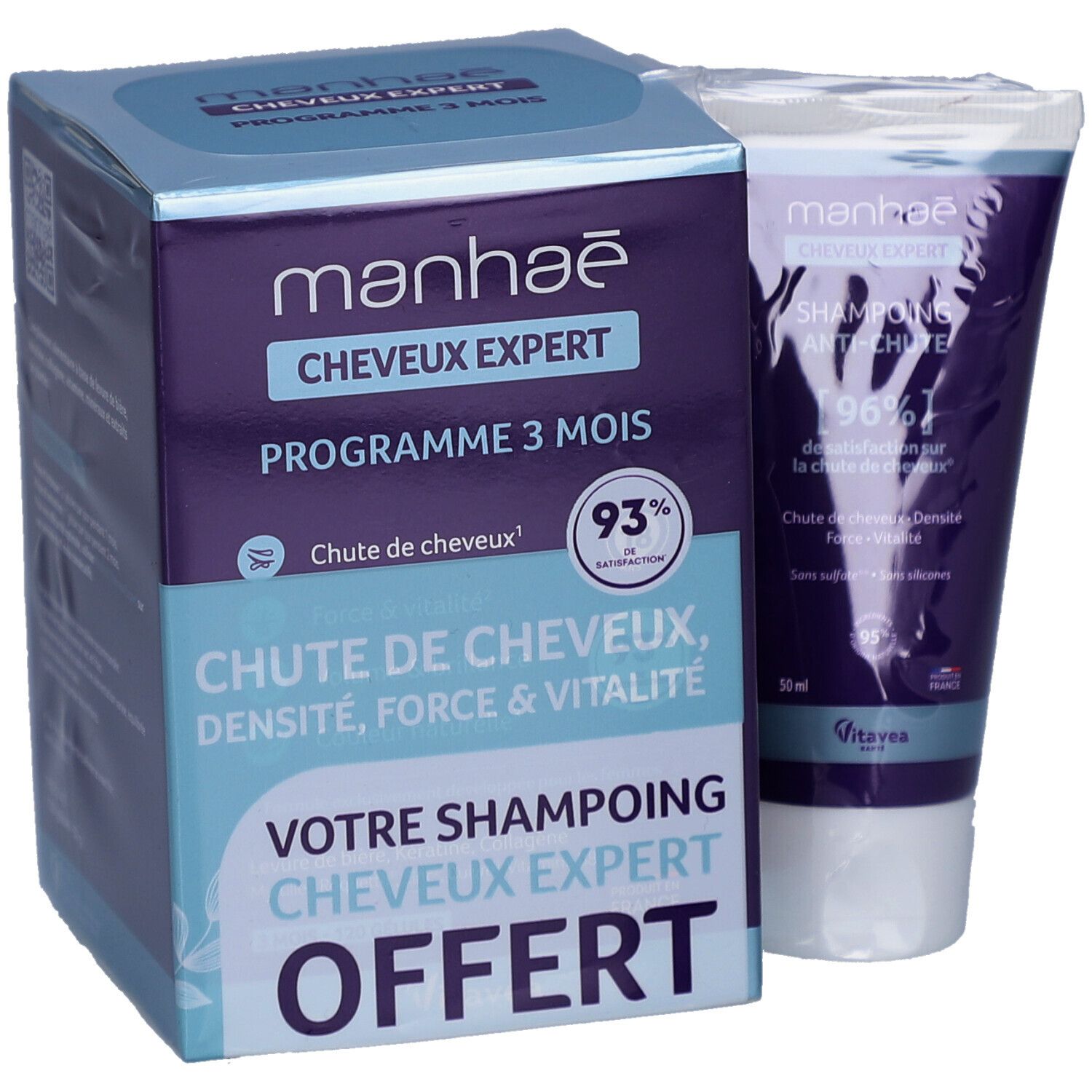 Boîte et tube. Sur la boîte, "manhae CHEVEUX EXPERT". Sur le tube, "SHAMPOING ANTI-CHUTE".