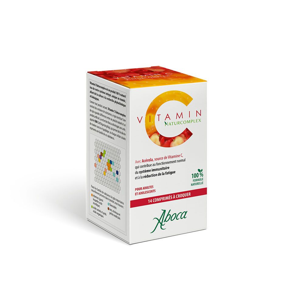 Boîte blanche avec Vitamin C Naturcomplex. Inscription: 14 Comprimés & Croquer. Logo Aboca.